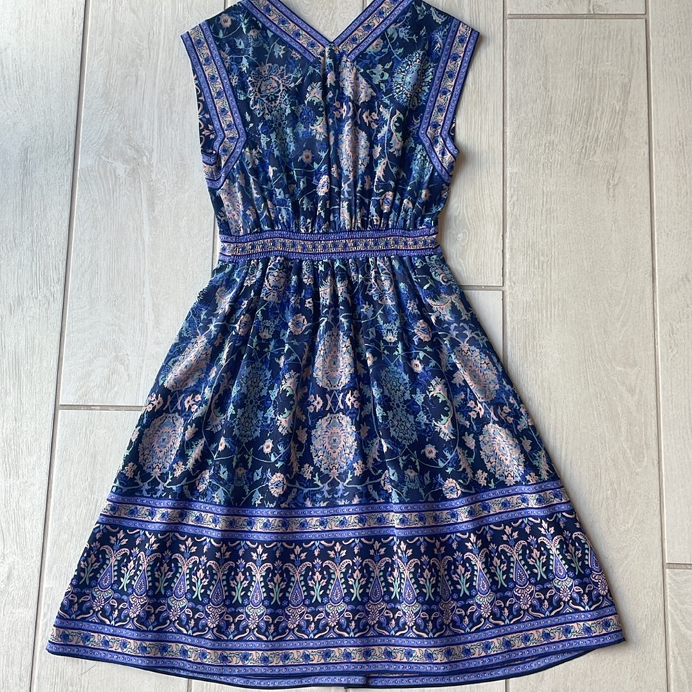 Rebecca Taylor Blue Boho Floral Silk V-Neck Fit & Flare Dress Size 0 - Picture 7 of 13